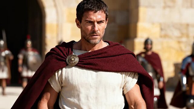 Portrait of a Roman general in a red cloak walking with a serious expression. Historical commander leading an army of soldiers in ancient Rome. Cinematic period drama