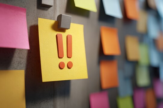Exclamation mark icon on colorful sticky notes wall