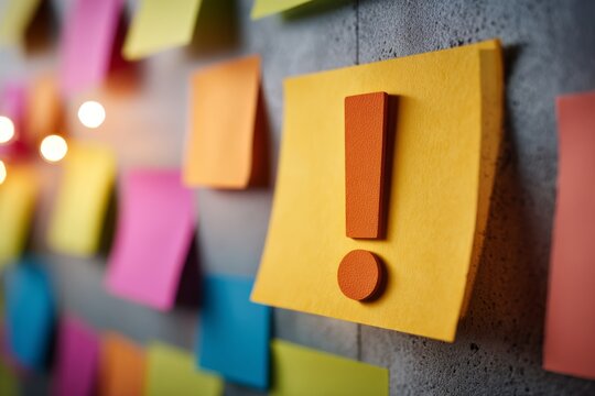Exclamation mark icon on colorful sticky notes wall
