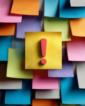 Exclamation mark icon on colorful sticky notes wall