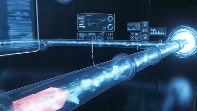 Futuristic digital visualization of data or energy flowing through transparent conduits with glowing blue light and abstract interfaces.