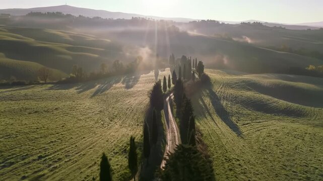 Expansive tuscan countryside aerial video golden hour sunrise, rolling hills, cypress trees, winding dirt road, misty valleys. Majestic tranquil concept