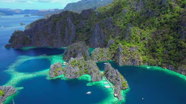 Twin Lagoon limestone, turquoise water archipelago. Perfect aerial view drone