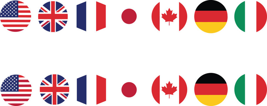 "Set of 8 National Flags Icons Including USA, UK, France, Canada, Germany, Japan, and Italy"