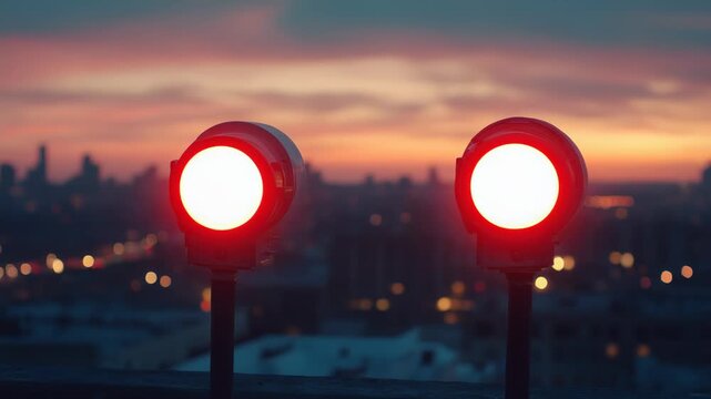 Security cameras oversee an illuminated modern cityscape view with a vibrant sunset sky creating a sense of constant monitoring, privacy and urban safety during twilight hours
