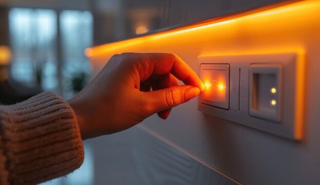Hand adjusting a modern light switch, dimming bright orange LED strip lighting in a room