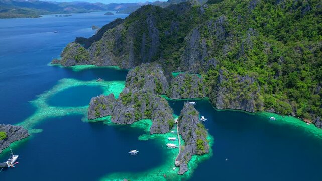 Twin Lagoon limestone, turquoise water archipelago. Unique aerial view drone