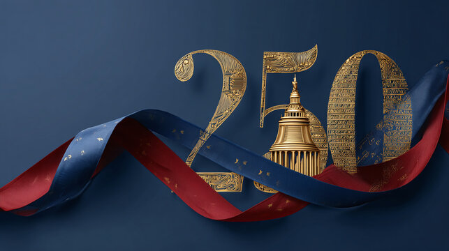 Elegant 250th anniversary design with golden numbers, Liberty Bell outline and patriotic ribbon. Luxury background for United States 250 years celebration and historical independence.