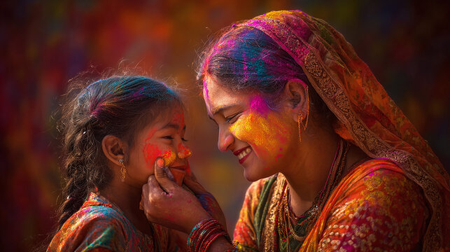 Joyful indian family celebrating colorful holi and holika dhan where little girl applies powder to her mothers cheek during traditional spring festival of rang panchami