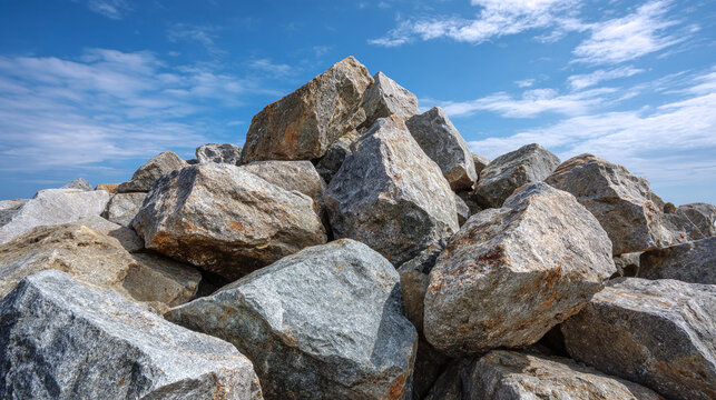 Large Riprap Rock Pile Coastal Erosion Protection Against Blue Sky Backdrop