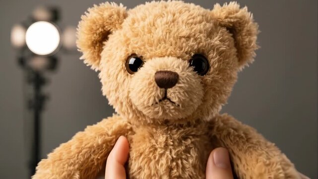 Dolly in closeup shot of hands adjusting small teddy bear plush toy in studio with spotlight and gray backdrop moving from mid to tight framing