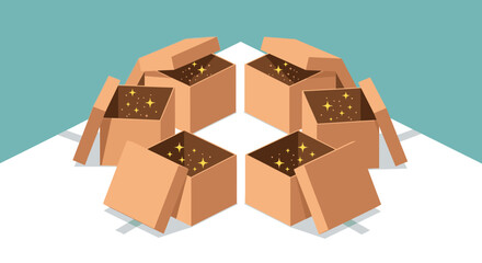 Fototapeta premium Six open cardboard boxes filled with sparkling gold glitter, arranged in a circle on a white surface.