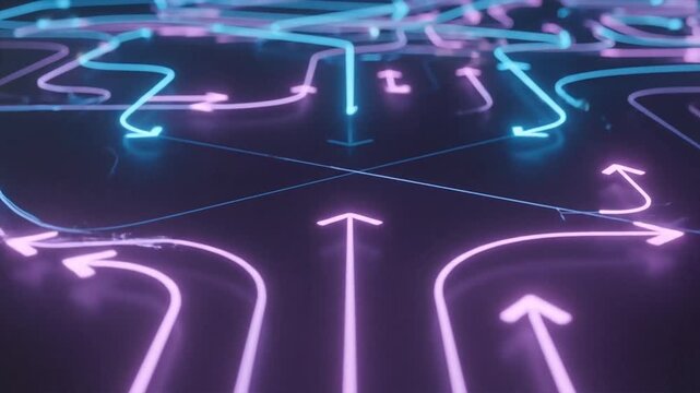 Abstract digital network with glowing neon lines and arrows indicating data flow and complex connections.