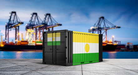 Niger Flag on a Shipping Container: A cargo container, adorned with the national flag of Niger, stands prominently against the backdrop of a bustling shipping port. © bao