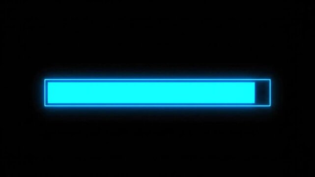 Vibrant neon blue digital progress bar illuminating a dark background, symbolizing loading status, data processing, or video buffering in a modern interface