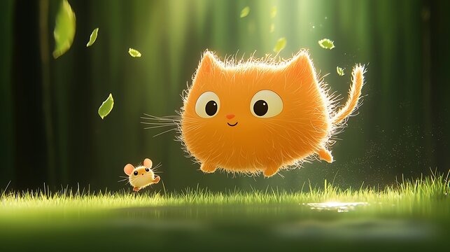 Adorable Fluffy Orange Cat and Tiny Mouse in Enchanting Forest.