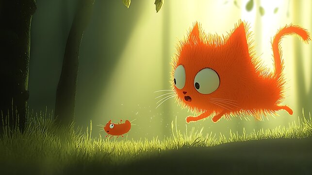 Cute Fluffy Orange Kitten Chasing a Small Toy Mouse in a Lush Green Forest.
