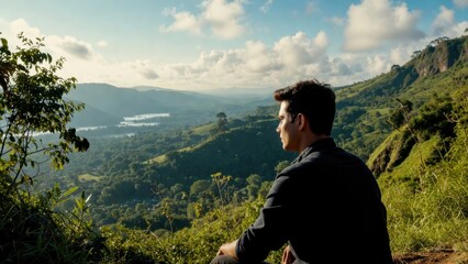 Naklejka premium Young man sitting observing valley landscape from hilltop