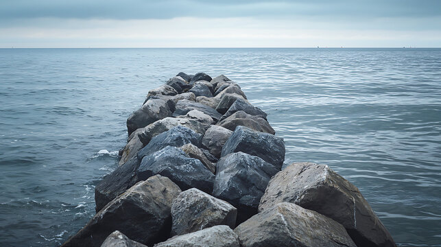 A rugged stone jetty extends into the calm, blue ocean under a cloudy sky.