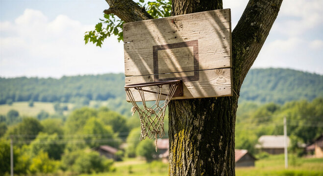 Wooden basketball hoop attached to tree in rural landscape  