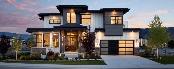 Obraz premium Modern suburban home exterior with architectural framing