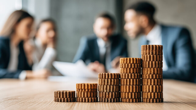 Stagnation overcome by rising coin stacks symbolizing financial growth and teamwork optimism