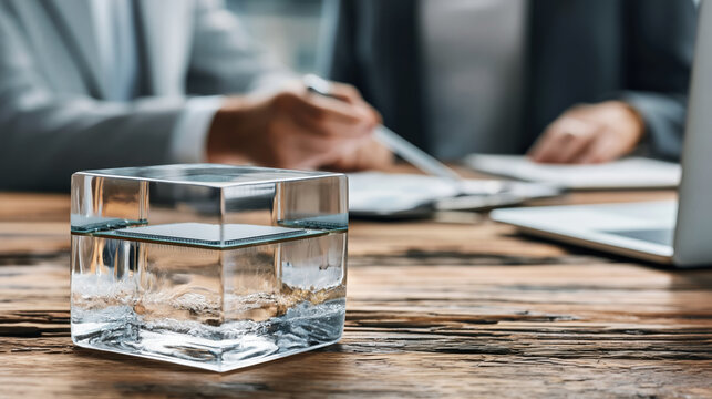 Crystal paperweight on wooden desk suggests stagnation in corporate meeting calm