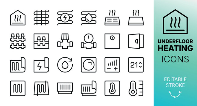 Underfloor Heating System Icons. Set of hydronic warm floor, floor heating mat, plumbing manifold, floor convector, thermostat vector icons with editable stroke