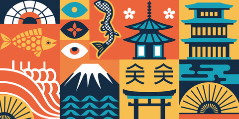 A colorful geometric pattern featuring iconic japanese motifs and elements © Hridoy