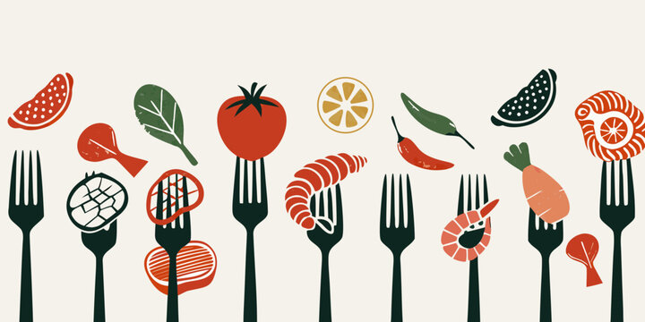 A colorful illustration depicting various foods and dining utensils