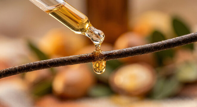 Macro close-up of a drop of argan oil falling onto a single strand of hair, concept of natural hair care, hydration and nutrition, AI-generated beauty treatment
