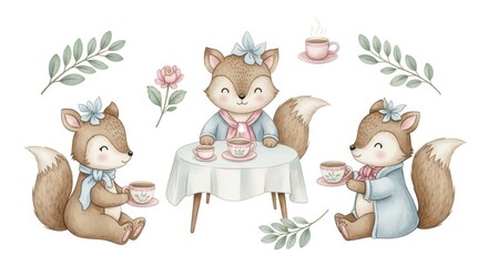 Obraz premium Foxes' Tea Party: charming watercolor illustration, fox cubs enjoy a delightful tea party with tea cups. Surrounded by flowers and greenery, creating a whimsical and inviting scene.