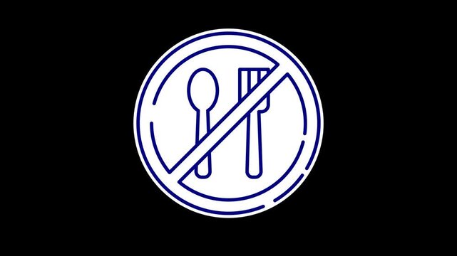 Seamless looping 4K video overlay of no eating symbol with white spoon and fork and navy blue outline; isolated on alpha channel; perfect for fasting, diet, and restriction themes