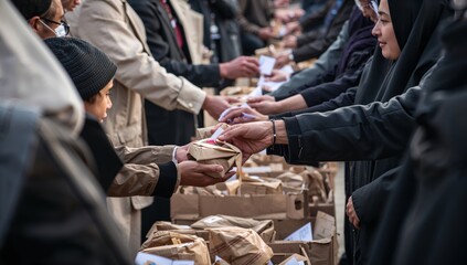 Fototapeta premium People receiving food from volunteers during a charitable event