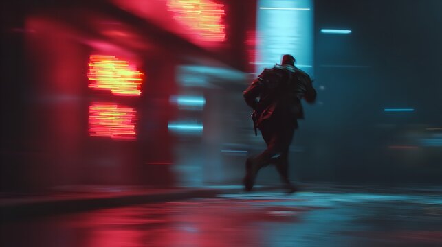 Silhouette of a person running during the night in a neon illuminated environment.