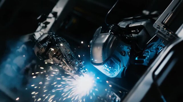 Close up view of a sophisticated industrial robot arm generating sparks while precision welding, symbolizing advanced manufacturing and artificial intelligence