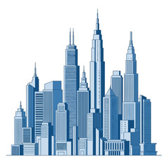 Fototapeta premium Blue skyline illustration of urban skyscrapers at dusk