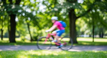 Fototapeta premium Cyclist rides bike quickly through serene park with lush grass and trees