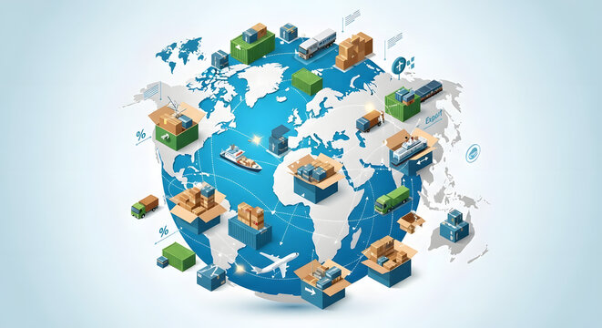 Global logistics network with various transport modes like ships, planes, trucks, and containers.