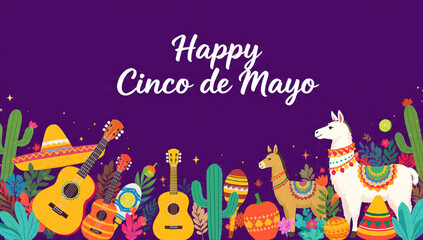 Naklejka premium Festive Cinco de Mayo illustration with llamas, guitars, sombreros, and vibrant decorations on a purple background. Perfect for holiday promotions, party invites, and cultural celebration designs.