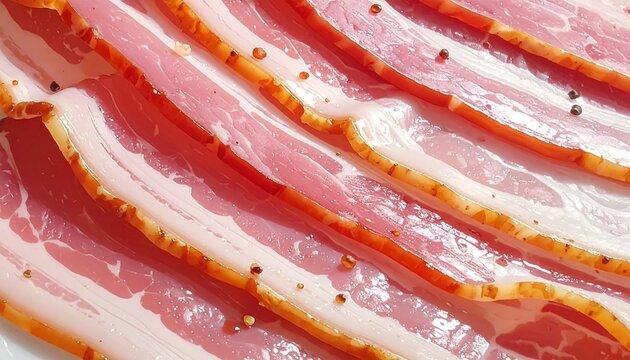 Sliced cured meat arranged on a white surface