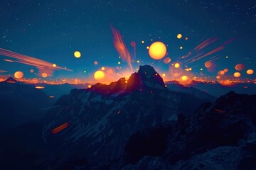 Naklejka premium Fantasy mountain landscape with glowing orbs and cosmic light trails