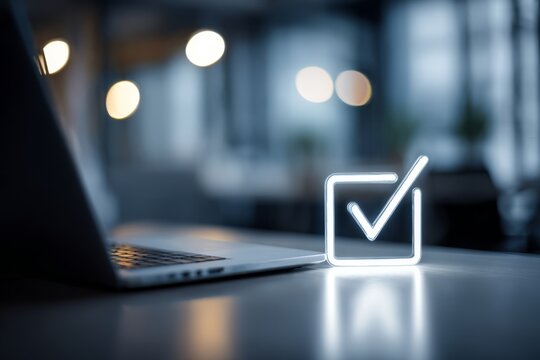 Checkmark icon hologram glowing above laptop on office desk, modern business environment