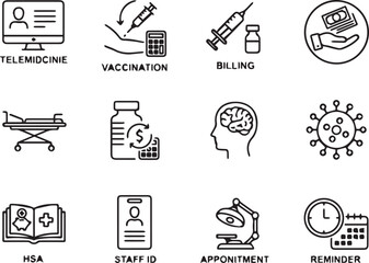 Fototapeta premium Black and white line icons depicting various healthcare concepts and services