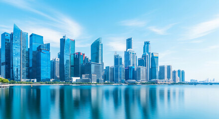 Fototapeta premium A panoramic daytime view of a modern city skyline reflected in calm waters under a blue sky with wispy clouds