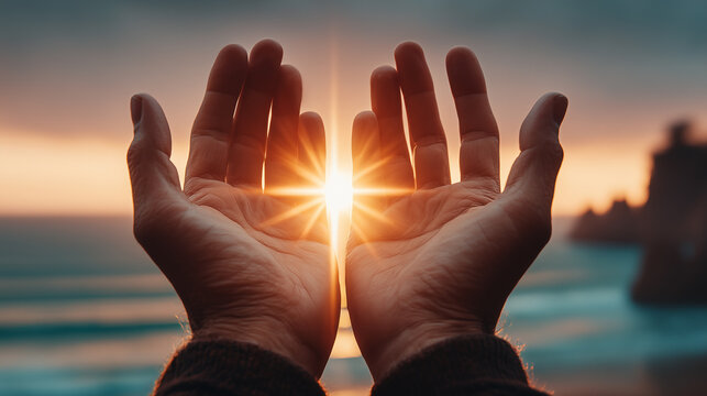 Hands holding sunlight at sunset over ocean, spiritual hope and healing concept with glowing light between palms and peaceful nature background