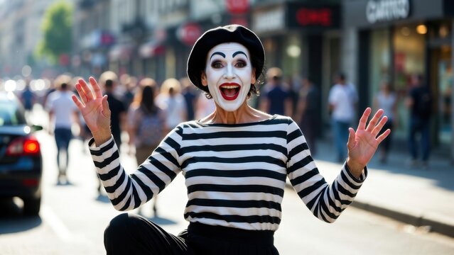 Mime performer gesturing with raised hands on shopping street