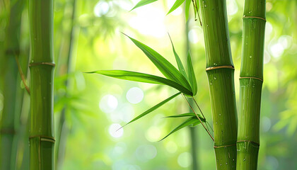 Fototapeta premium Lush vibrant green bamboo grove with natural light and bokeh background