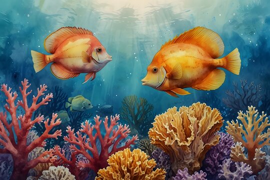 Batfish among colorful reef corals and sponges