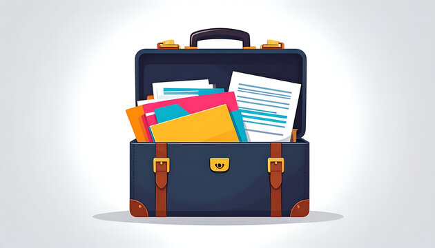Open navy briefcase with colorful folders and documents in a cartoon style